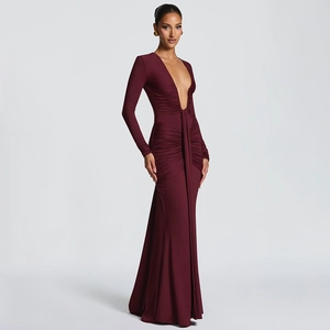 Sexy Deep V Neck Ruched Mermaid Evening Dress Long Sleeve Floor Length Slim Fit Formal Party Maxi Dress For Women