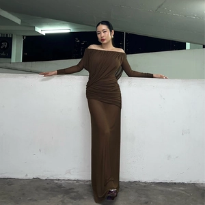 Elegant deep brown off-shoulder mesh maxi dress with ruched long sleeves and slim fit
