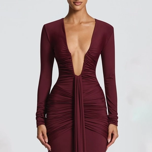 Sexy wine red deep V-neck long sleeve dress with ruched bodycon design and fishtail skirt