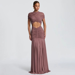 Detail of dusty rose pleated maxi dress with elegant cutout waist and draped mesh fabric