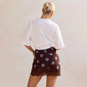 Polka dot lace trim mini skirt with high waist design and white casual cotton T-shirt