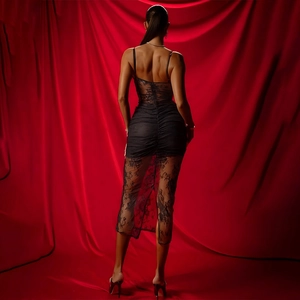 Vue arrière d'une robe en dentelle noire avec panneaux en mesh et détails froncés