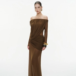 Detail of elegant dark brown ruched mesh dress with off-shoulder sheer long sleeves