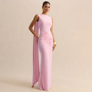 Detail of pink slim-fit sleeveless evening gown with side ruching and elegant long shoulder drape