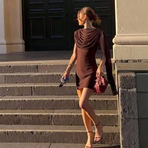 Chic dark brown bodycon mini dress with elegant cowl neck and long shoulder ribbon detail