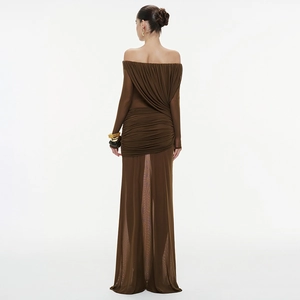 Rear view of mesh off-shoulder long dress with elegant gathered back pleats and draping