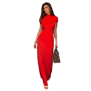 Elegant red long sleeve slim fit dress with turtleneck and ruched bodycon detailing