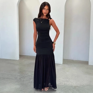 Elegant one-shoulder pleated black evening gown with mesh fishtail hem and slim fit design