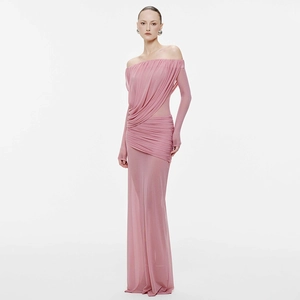 Detail of off-shoulder mesh maxi dress showing delicate draping and pleated textures