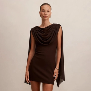 Detail of dark brown bodycon dress featuring elegant cowl neck and flowing back streamers