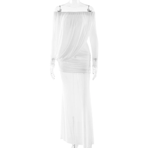 Elegantes, schulterfreies weißes Maxikleid mit langen Ärmeln und geraffter Taille