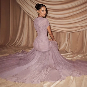 Lavender mesh pleated maxi gown with high neck and flowing fishtail hemline