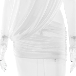 Detailansicht weißes schulterfreies Kleid mit gerafftem, halbtransparentem Netzstoff