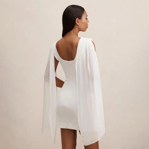 Elegant white bodycon mini dress with cape sleeves and open back design for women