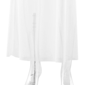 Detail of sheer white mesh fabric and layered draped hem on a feminine slim long dress