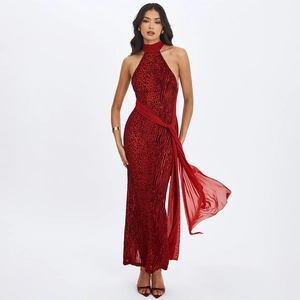 Robe longue dos nu sexy avec imprimé léopard rouge et ruban fluide à la taille