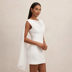 Detail of the white sleeveless mini dress featuring elegant draped neckline and long shawls