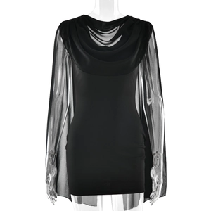 Sleeveless backless black mini bodycon dress with elegant cowl neck and chiffon cape