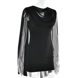 Detail of elegant black bodycon dress featuring sheer mesh overlay and draped scarf neck