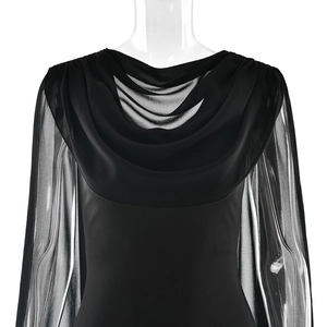 Detail of elegant cowl neck design and sheer chiffon sleeves on a slim fit black dress