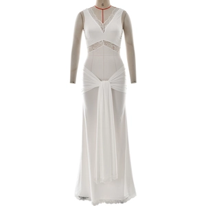 Elegant white sleeveless V-neck lace patchwork bodycon evening maxi dress on mannequin