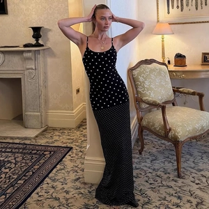 Damen Polka Dot Spaghetti-Träger Maxikleid Sexy Tiefer Ausschnitt Rückenfrei Slim Fit Bodycon Langes Sommer Party Kleid