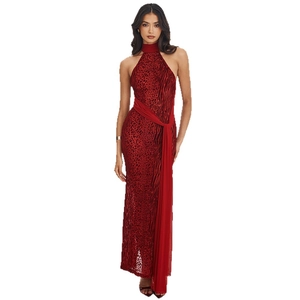 Robe longue sexy dos nu avec imprimé léopard rouge et rubans fluides élégants