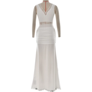 Detail view of the white evening dress back with elegant lace patchwork and ruched design