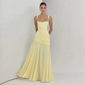 Women Elegant Ruched Maxi Dress Sexy Slim Fit Spaghetti Strap Evening Gown Solid Color Polyester Banquet Party Formal Dress