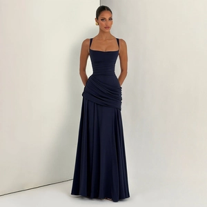 Elegant Navy Blue square neck sleeveless evening gown with pleated waist and floor-length hem