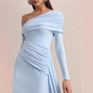 Elegant light blue one shoulder ruched cocktail dress with asymmetrical long sleeve design