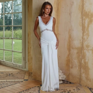 Elegant White Lace Patchwork Sleeveless Deep V-neck Slim Bodycon Maxi Dress For Women Party Evening Banquet Prom Gown