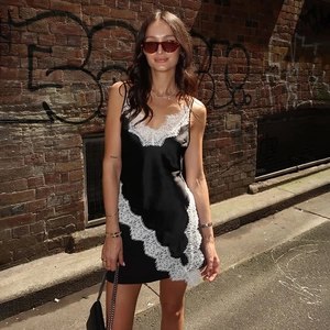 Western Style Satin Lace Patchwork Slip Dress Sexy V-Neck Backless Irregular Hem Mini Cami Dress For Women Street Style Clubwear