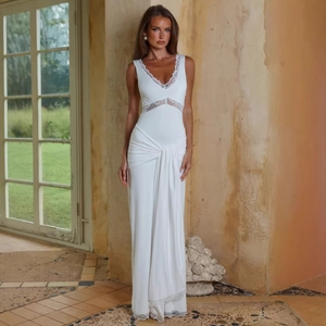 Elegant white lace patchwork V-neck bodycon dress with sleeveless design and drape detailing