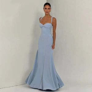 Detail of light blue bodycon evening dress with sweetheart neckline and ruched waist