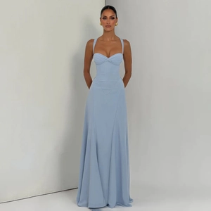 Detailed front view of light blue backless bodycon maxi dress with ruched bodice and straps