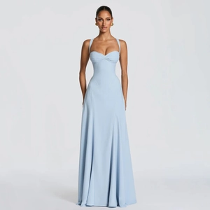 Detailed view of the pleated bust and halter neck of this light blue evening gown