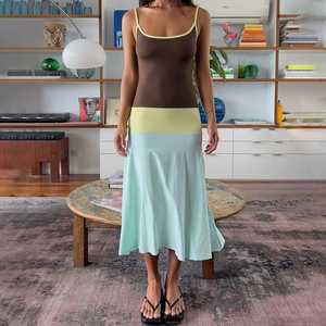 Detail view of the tricolor patchwork knit midi dress with slim fit and spaghetti straps