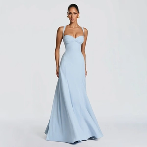 Detail of baby blue backless evening dress with ruched sweetheart neckline and thin straps
