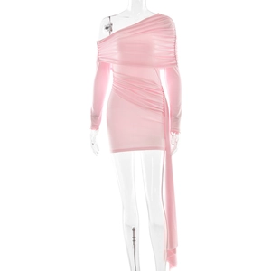 Pink off-shoulder bodycon dress with elegant draping ribbons and ruched details