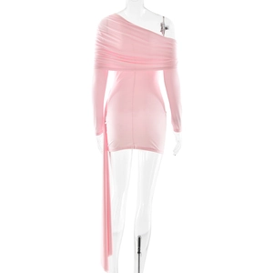 Detail of light pink bodycon dress featuring pleated one-shoulder neck and long ribbon drape