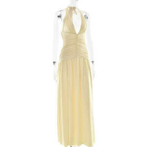 Detailed halter neck and deep V-neckline on light yellow pleated maxi dress