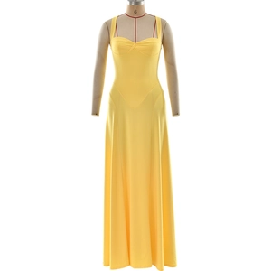 Sleeveless bright yellow slim fit long dress with sweetheart neckline and V-waistline
