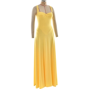 Detail of yellow backless pleated slim fit maxi dress with fine spaghetti straps