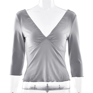 Slim fit deep V-neck backless T-shirt with lettuce trim in dark gray for women