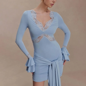 Slim fit light blue V-neck mini dress with white lace trim and ruffle sleeves