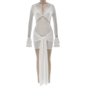 White slim-fit V-neck lace patchwork dress with long sleeves and elegant ribbons