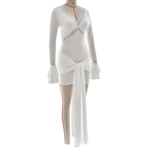 Detail of white V-neck dress featuring delicate lace拼接 and triple-layered ruffled cuffs