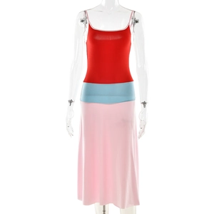 Slim fit color-block maxi dress with red, blue, and pink panels and spaghetti straps