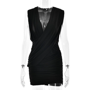 Sleeveless deep V-neck black bodycon mini dress with ruched details and asymmetrical hem
